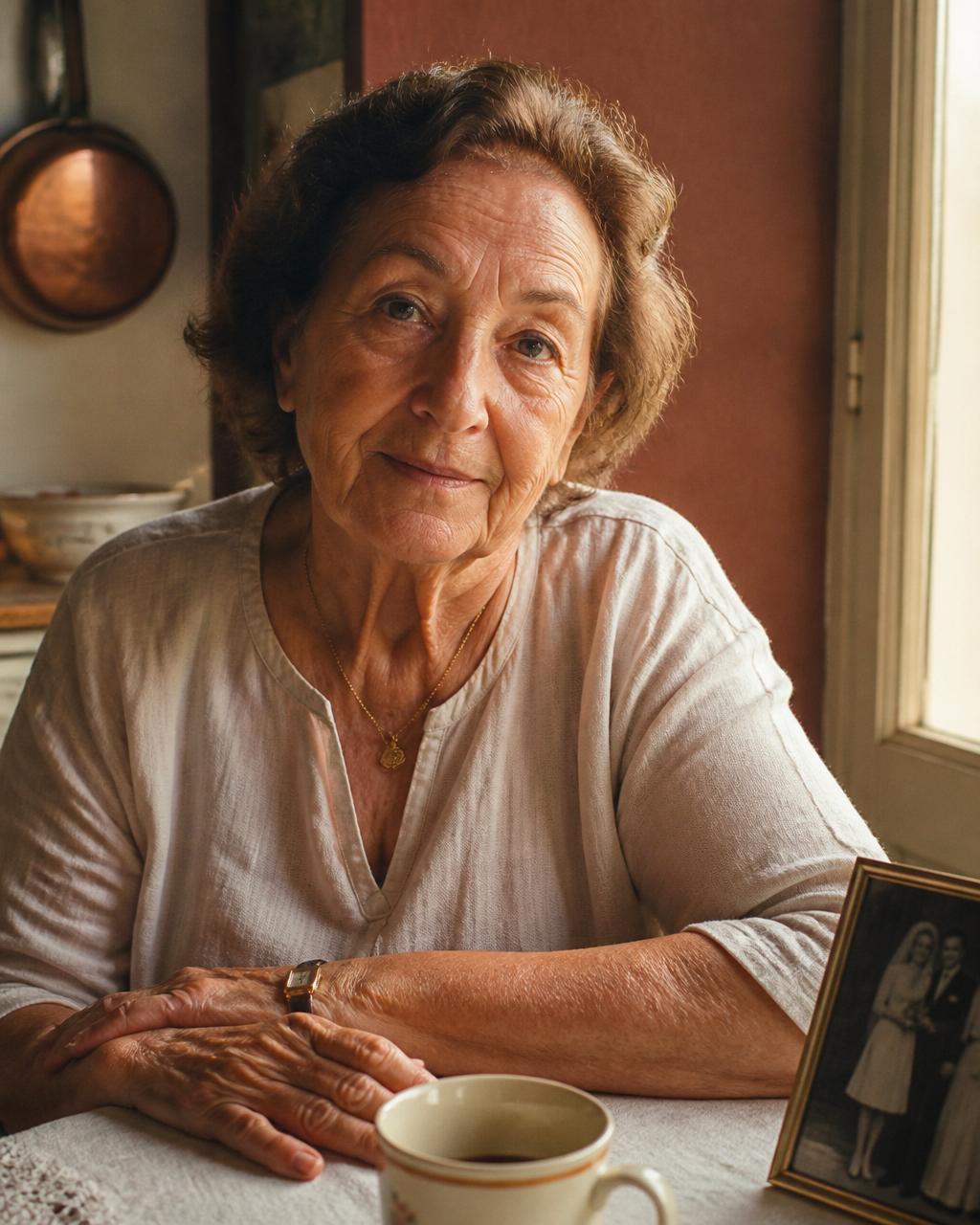 A warm photograph of Rosa, an elderly Italian woman, sitting at her kitchen table in Bologna with a cup of coffee and an old framed photograph.
